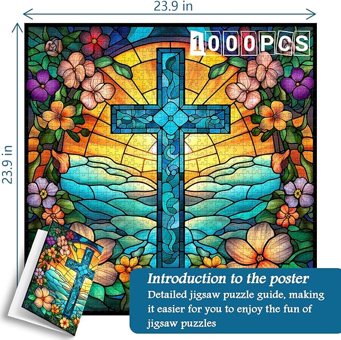 Cross Stained Glass Puzzles for Adults 1000 Pieces and up, PICKFORU Christian Puzzles with Colorful Flower, Religious Puzzle as Home Decor