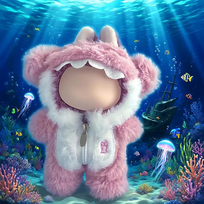(2 Pack) Clothes for LABUBU 17cm Doll (NO Dolls), Outfits for LABUBU, Faking Animal Style Outfit Jumpsuit Blue Shark & Pink Shark Costume for LABUBU Dolls, (Doll Not Included)