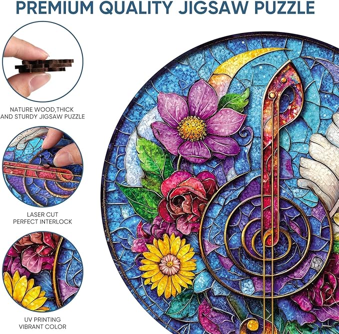 Reouinty Wooden Puzzles for Adults 200 Pieces, Flower Guitar Jigsaw Puzzle for Mom, Beautiful Wall Decor, Challenging Puzzle, Unique Shaped Wood Puzzles Piece, Gift for Family Game 11.2x11.2 in
