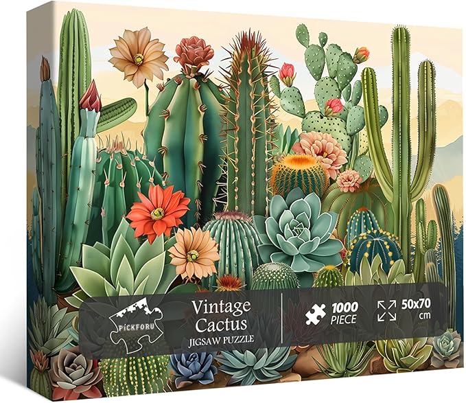 Vintage Cactus Plant Puzzles for Adults 1000 Pieces and up, PICKFORU Retro Succulents Puzzles as Home Decor, Flower Puzzle for Plant Lovers