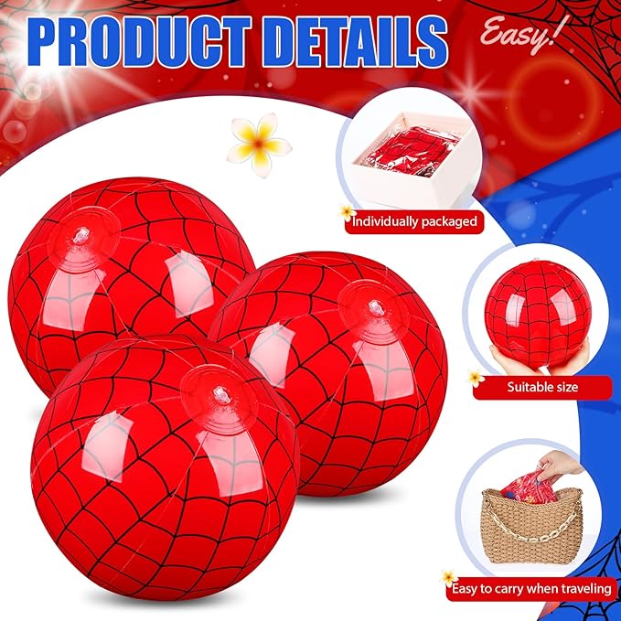 12 Pack Spider Web Themed Beach Ball for Kids 7.87" Bulk for Summer Pool and Beach Game Gifts Blue and Red Spider Web Birthday Party Supplies End of the Year Class Party Decorations Favor