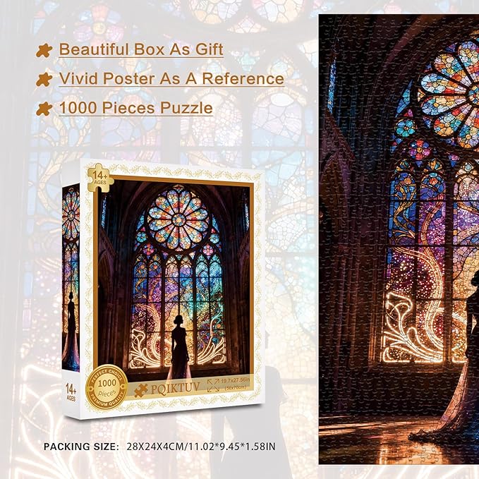 Cathedral Stained Glass Jigsaw Puzzle 1000 Pieces for Adults - Neon Light Effect Puzzle, Impossible Challenge Puzzle Decorative Wall Art for Living Room, Unique Gift 50x70cm (19.7x27.56in)