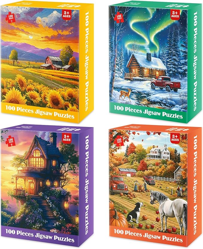 4 Packs 100 Piece Puzzles for Adults, 4 Themed Large Piece Puzzles for Seniors Jigsaw Puzzles for Kids Ages 6-8 8-10 Learning Educational Toys for Boys and Girls