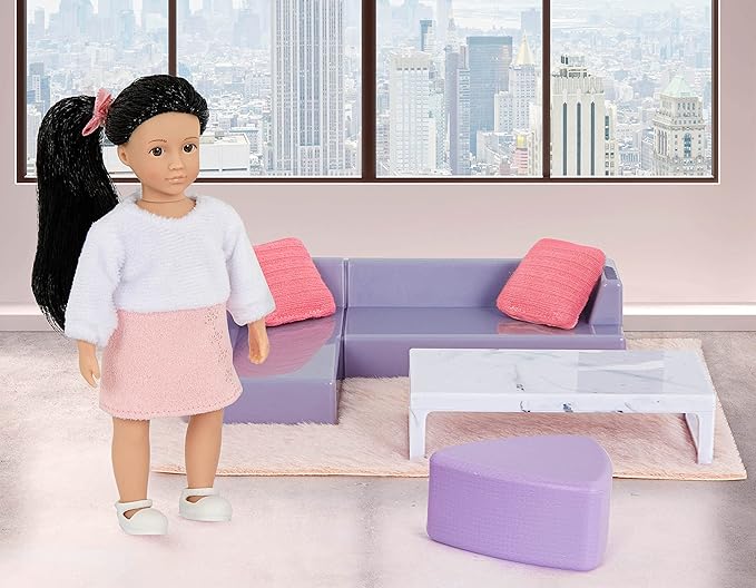 Lori – Yuni's Cozy Sofa Set Mini Doll & Living Room Furniture 6-Inch Doll & Dollhouse Accessories Sofa, Pouffe, Table, Rug, Pillows Play Set for 3+ Years