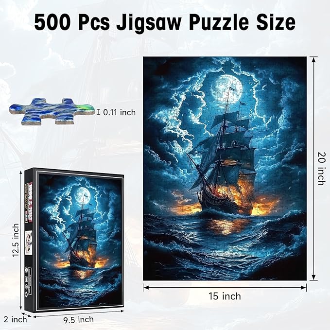 500 Piece Puzzles for Adults, Pirate Ship Night Sea Jigsaw Puzzle Full Moon Stormy Ocean Scene, Cardboard Puzzle with Letters on Back for Game Nights & Home Decor, 15×20 Inch