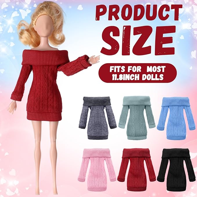 Fourluoo 6 Pcs Winter Doll Clothes 11.8 Inch Fashion Doll Sweater Outfits Sweet Accessories for Xmas Party Birthday Gifts(Green, Black, Red, Blue, Dark Gray, Light Pink)