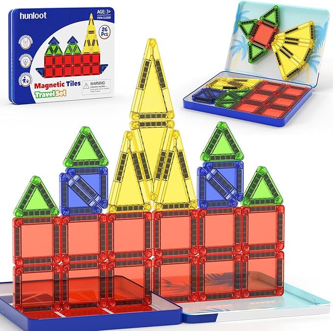 Magnetic Tiles Mini Building Blocks STEM Toys for 3-8 Year Olds, 26PCS Travel-Friendly Set with Storage Iron Box, Educational Construction Playset for Toddlers, Birthday Gift for Boys & Girls