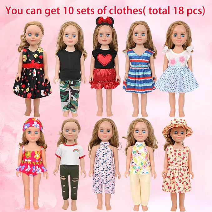 MSYO 10 Sets (18 Pcs) Doll Clothes for 17-18 Inch Dolls, Diverse Outfits (Floral Dress, Heart Print, Rainbow Shirt) & Casual Wear, Fashion Dress-Up Set