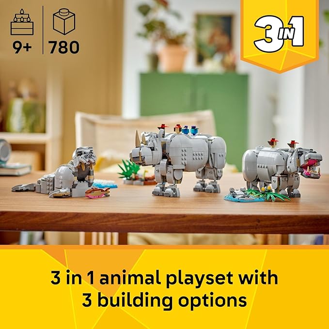 LEGO Creator 3 in 1 Wild Animals: Majestic Rhino - Building Toy for Boys & Girls, Ages 9+ - Gift for Easter Baskets - Kids Bedroom and Desk Decor - Build Rhino, Hippo, or Walrus - 31171
