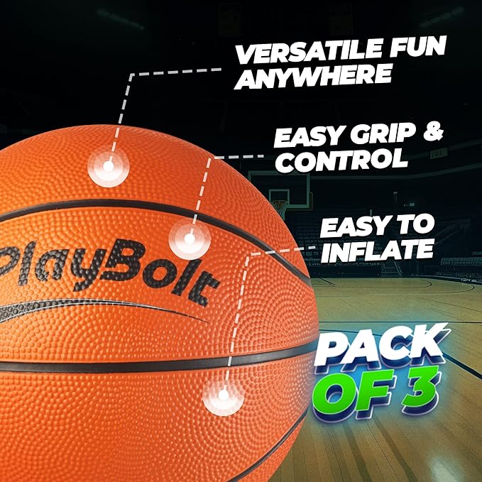 Size 3 Mini Basketballs (3 Pack) - 7-Inch Junior Rubber Basketball Set with Pump - Youth Beginner Kids Basketballs for Backyard Pool Parties, Arcade Games, Practice, Indoor & Outdoor Play