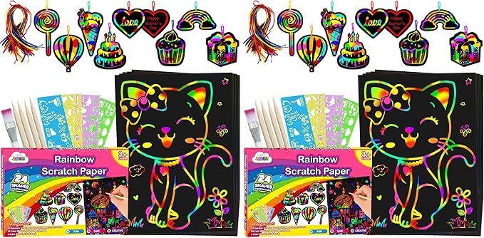 ZMLM Scratch Paper Art-Craft for Girls: Rainbow Scratch Magic Drawing Set Paper Pad Board Supply Kit Girl Project Activity for 3-12 Age Kid Toy Holiday Party Birthday Easter Gift (Pack of 2)
