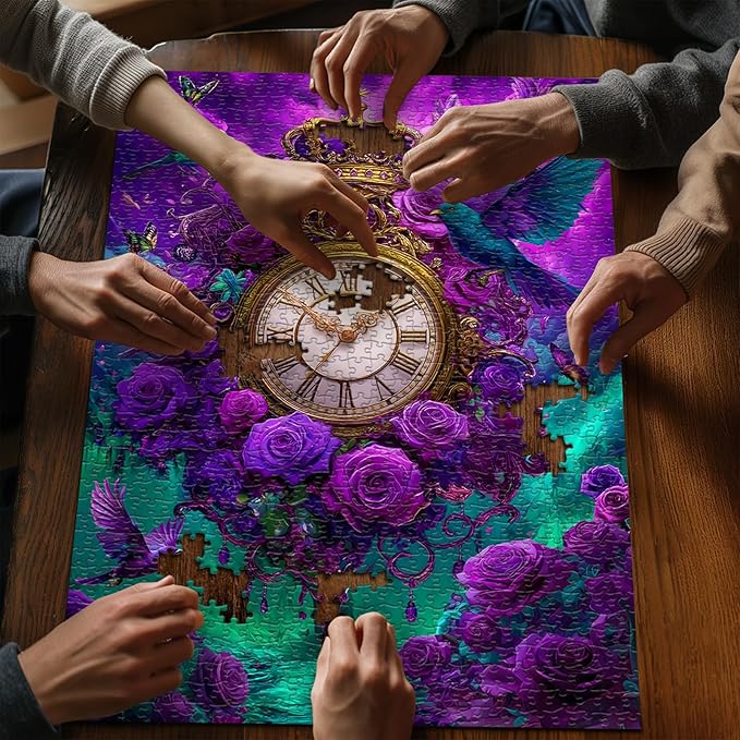 Fantasy Puzzles for Adults 1000 Pieces, Magic Landscape Clock Purple Flower Rose Jigsaw Puzzle, Bird Animal Colorful Challenge Puzzle