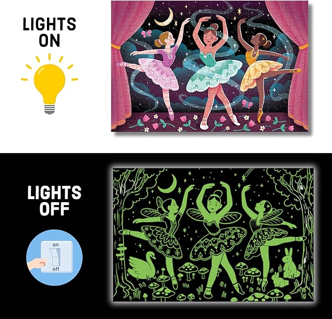 Mudpuppy Moonlight Ballet – 100 Piece Glow in The Dark Jigsaw Puzzle with a Stage Performance Scene of Dancers and Hidden Forest Details in The Dark
