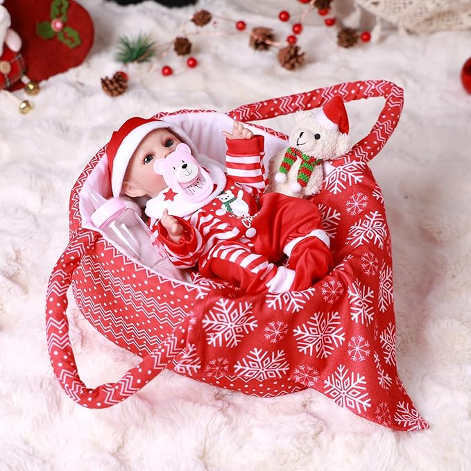 BABESIDE 9 Pcs Christmas Baby Doll Clothes with Bassinet for 10-11-12 Inch Babydolls, Baby Doll Accessories and Dolls Clothes fit Small Baby Dolls Girl, Babies Pretend Play Set