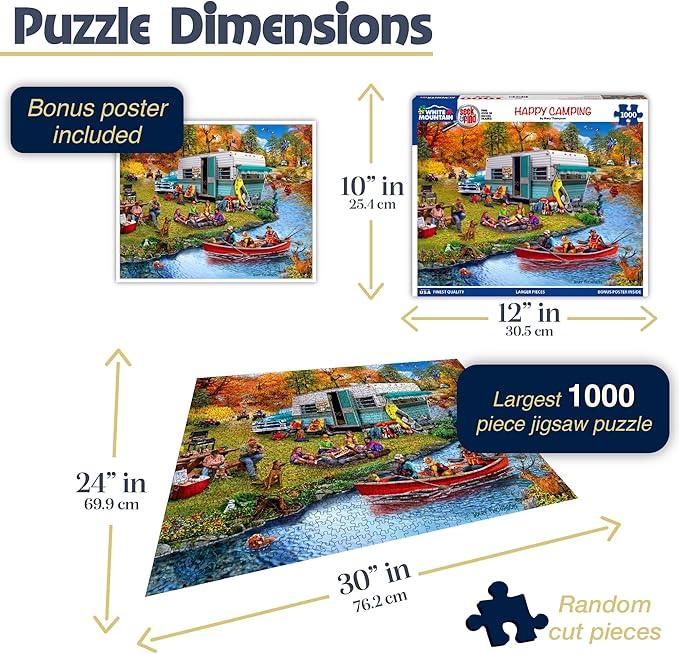 White Mountain 1000 Piece Jigsaw Puzzle Autumn and Fall Lake Puzzles with Large Pieces Gift for Adults and Family 24"x30" - Happy Camping - Seek & Find