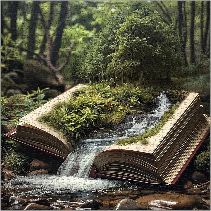 Book Forest Puzzle for Adults 1000 Pieces Nature, Fantasy Plant Jigsaw Puzzle, Cozy Tree River Green Puzzle