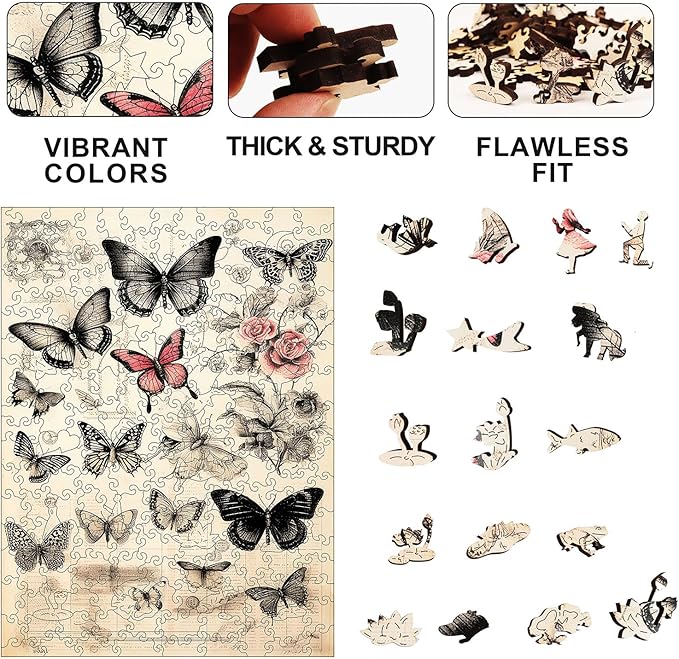 Bodhipnjoy Wooden Butterfly Puzzles for Adults, Vintage Butterfly Flower Jigsaw Puzzle 200 Pieces, Unique Shaped Plants Puzzles for Kids, Puzzles Family Game Gift 8.9 * 12 in