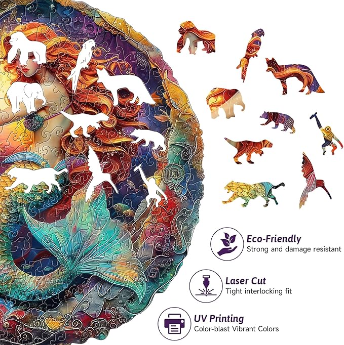 246 Piece Enchanted Mermaid Round Wooden Jigsaw Puzzle for Adults - 12.7 x12.4’’ Vibrant Ocean Fantasy Puzzle, Relaxing Family Activity, Unique Gift for Mermaids & Mythology Lover (Mermaid)