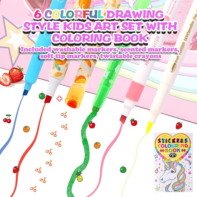 50 Pcs Fruit Scented Washable Markers Set with Coloring Book, Unicorn Girls Coloring Set Art Supplies Gifts Toys for Girls Age 4 5 6 7 8 (Pink)