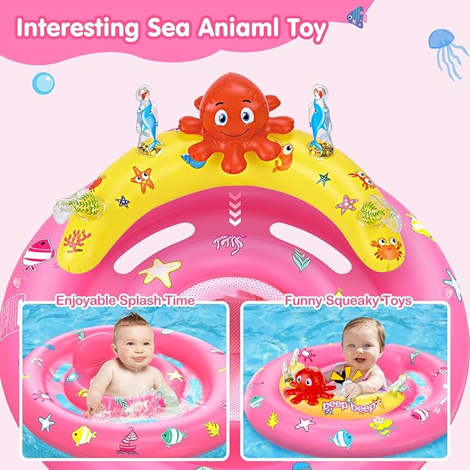 Baby Pool Float with Canopy, Inflatable Baby Swim Float with UPF50+ Sun Protection, Toddler Infant Pool Float with Toy Play Console Adjustable Safety Seat for Kids Girls Boys Aged 6-36 Months, Pink