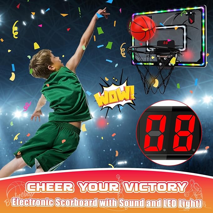 Basketball Hoop Indoor for Kids,LED Light Mini Basketball Hoop with 3 Balls & Electronic Scoreboard,Over The Door Basketball Hoop,Basketball Boy Toys Gift for Kids 3-12 Year Old Boys Girls Teen