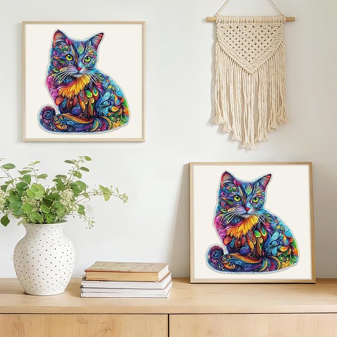 209pcs Wooden Jigsaw Puzzle for Adults – Colorful Cat Puzzle Gift for Cat Lovers, 12.2 x 13.9’’ Unique Animal Shape Wooden Puzzle, Artistic Cats Lover Gift for Women & Men (ColorCat)