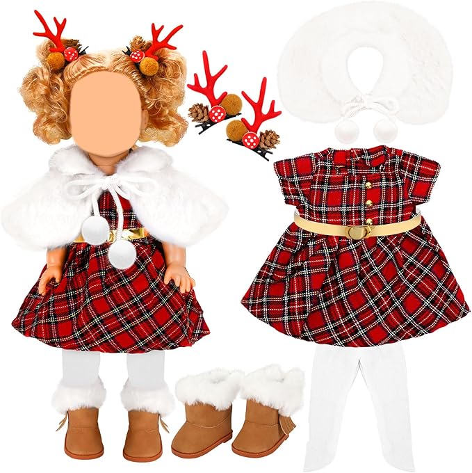 UPINS 18 Inch Doll Clothes and Accessories, Santa Costume Winter Doll Outfits Set Christmas Costume Playset Including Dress Fur Cape Tights Boots Hair Clips for Girls Gifts
