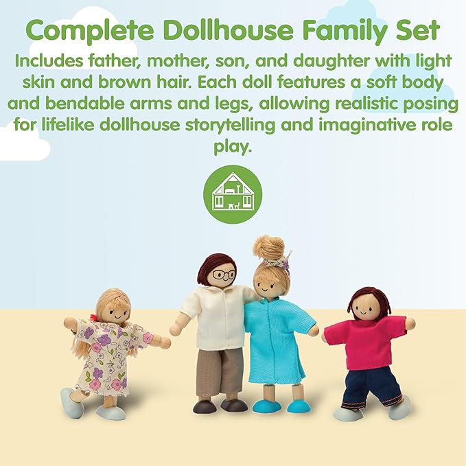 PlanToys® Family Wooden Dollhouse Figurine Set | 4 Poseable 1:12 Scale Mini Dolls (Parents & Kids) | Dollhouse Accessories for Pretend Play | Eco-Friendly Montessori Toy for Kids Ages 3+