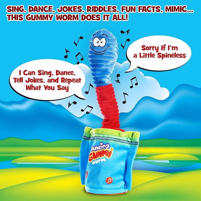 Gagster Dancing Gummy Worm, Interactive Talking & Singing Plush Toy, Lights Up, and Repeats What You Say - Funny Animatronic Toy for Kids, Gag Gift