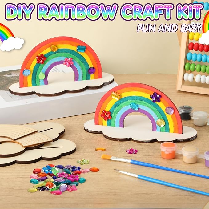 12 Sets Christmas Rainbow Painting Craft for Kids Party Favors, Art Wooden Painting Sets for Party Favors Brush Kit Return Gifts, Birthday Supplies Class Make Your Own Craft Kits