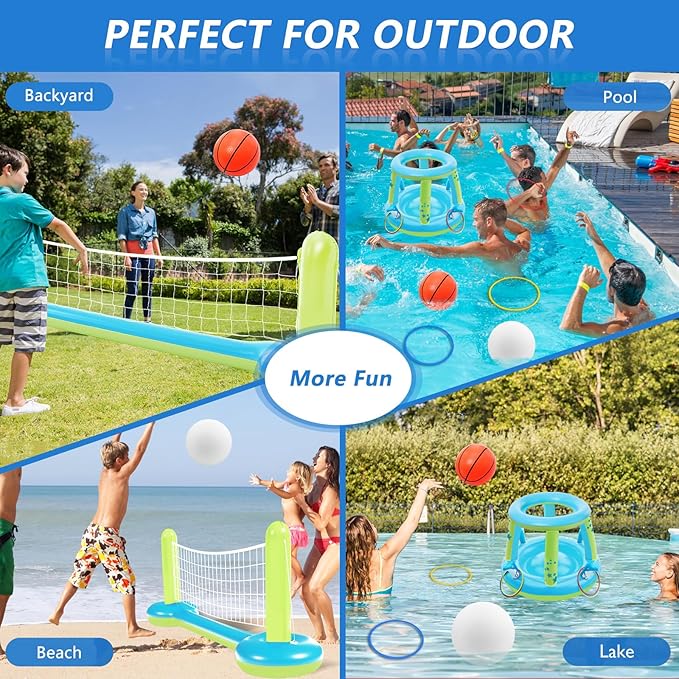 Jasonwell Pool Toys Games Set - 3 in 1 Pool Volleyball Net Basketball Hoop Ring Toss Game Inflatable Floats Water Floating Volleyball Swimming Pools Party Game Gift Kids Teens Adults (Blue&Yellow, L)