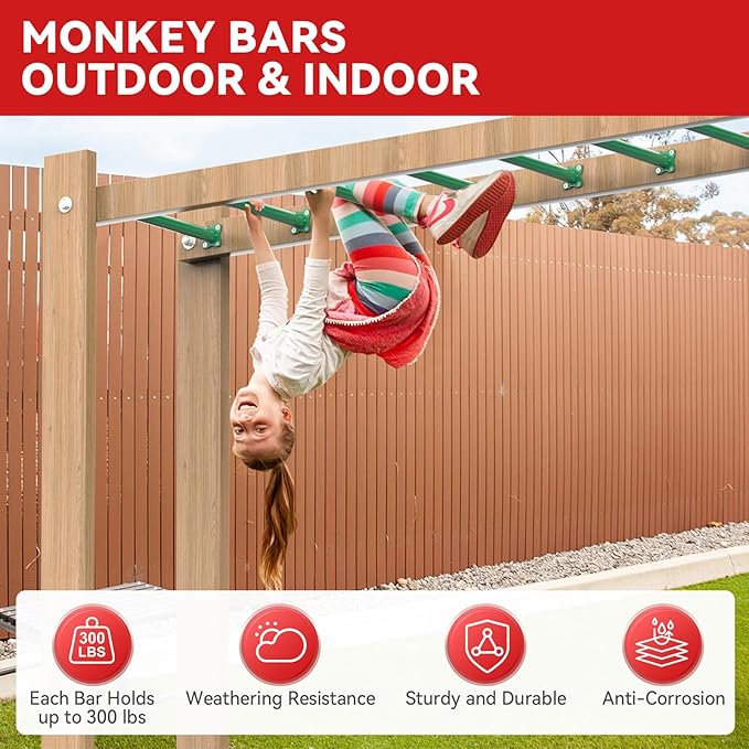 16.5 Inch Monkey Bars Kit Playground Ladder Rungs for Backyard Indoor Outdoor Kids Metal Bars Swing Set Playset Accessories (Green, 12 Pcs)