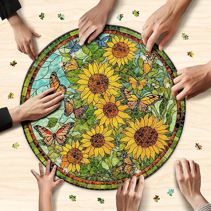 Sunflower Stained Glass Puzzles Jigsaw for Adults 1000 Pieces, Brain Challenging Puzzle for Game Night, Family, Friends, Round Puzzles Diameter 25.6 in