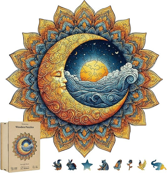 200 Pieces Sun and Moon Wooden Puzzles for Adults, Moon Unique Shaped Wooden Jigsaw Puzzles for Adults, Irregular Adult Wood Puzzle Creative Gift for Family Game 10x10 in