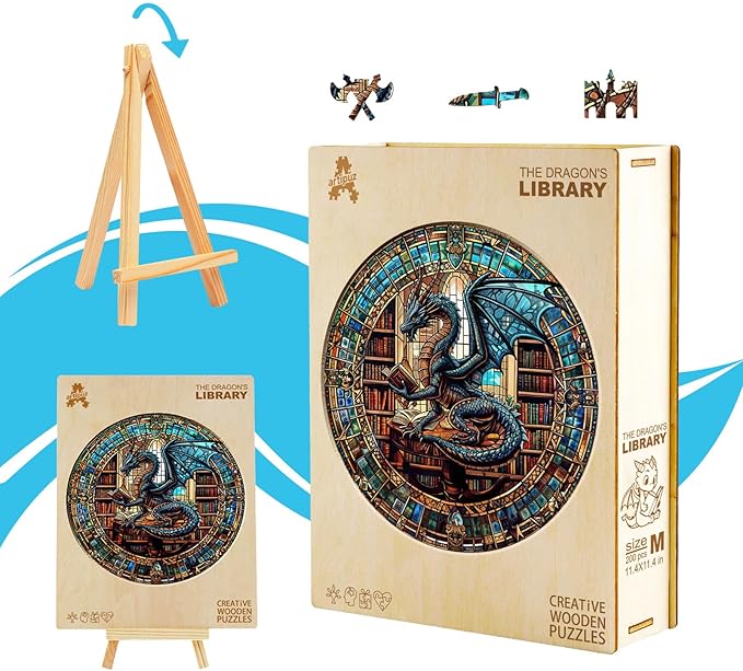 Wooden Puzzles for Adults - The Dragon's Library Wooden Puzzle, Unique Shape Wood Jigsaw Puzzle for Adults, Wood Puzzles Adult, Dragon Gifts for Family, Wall Art Home Decor (505pcs 17.3 * 17.3in XL)