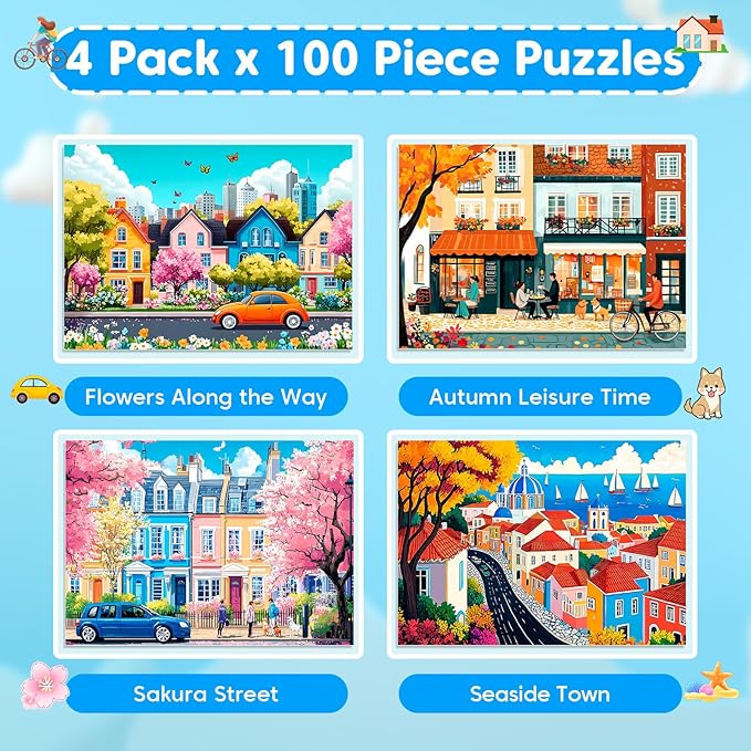 4 Packs 100 Piece Puzzles for Kids Adults, 4 in 1 Jigsaw Puzzles for Kids Ages 6-8 8-10, Beautiful House Large Piece Puzzle for Seniors Learning Educational Children Puzzle 5-8 for Boys and Girls