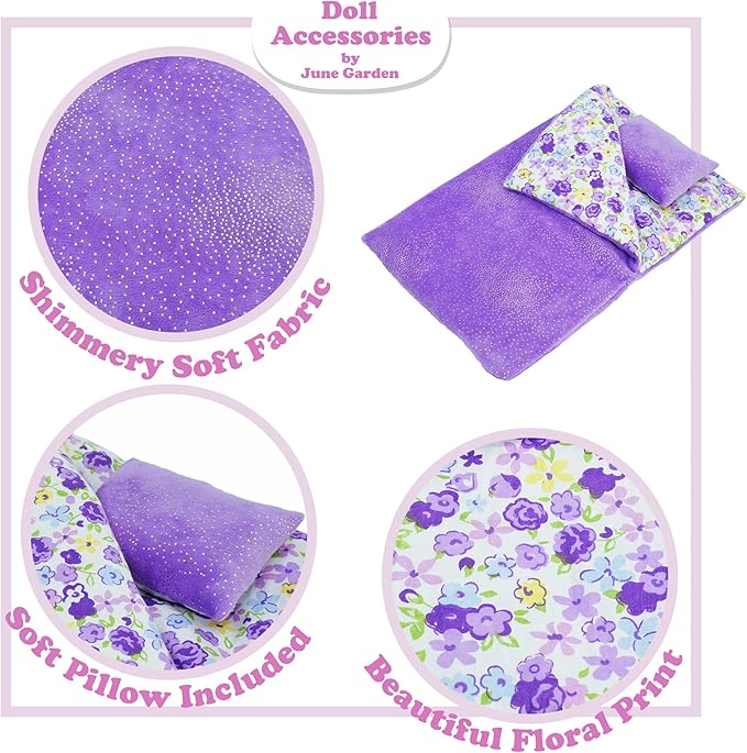 June Garden Cozy Dream Reversible Doll Sleeping Bag - 2-Piece Playset Doll Accessory with Pillow - Fits 18" American Girl Dolls - Gifts for Girls 2 3 4 Year Old
