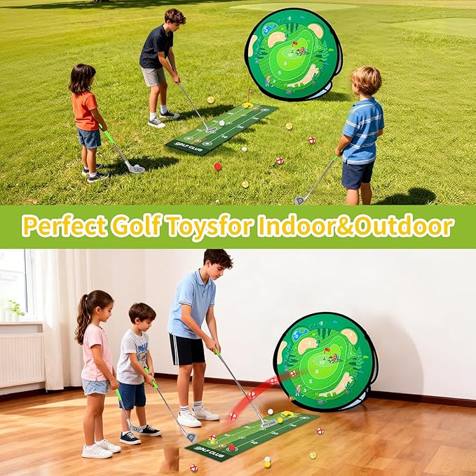 AOSITE Toddler Golf Set, 5 in 1 Kids Sticky Golf Games Toys with 3 Golf Clubs, Putting Mat, 4-Sided Chipping Net, Golf Sport for Kid, Indoor Outdoor Toy Kids Golf Set Activitie Party Birthday Gift 3+