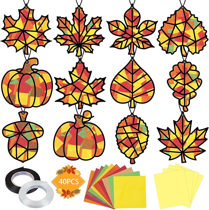 Renbuzhu 40PCS Fall Crafts Bulk: Leaves Pumpkins Paper Suncatchers DIY Kit for Autumn Thanksgiving Activities Decorations, Window Stained Glass Effect Art Supplies(Black Frame)