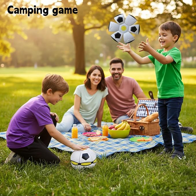 Magic Ball - 2-in-1 Shape-Shifting Magic Bouncing Ball with 6 LED Lights, Flying Saucer Disc, Impact-Activated Light Up Toys for Indoor & Outdoor Play, Frisbees for Kids (Soccer Pattern)