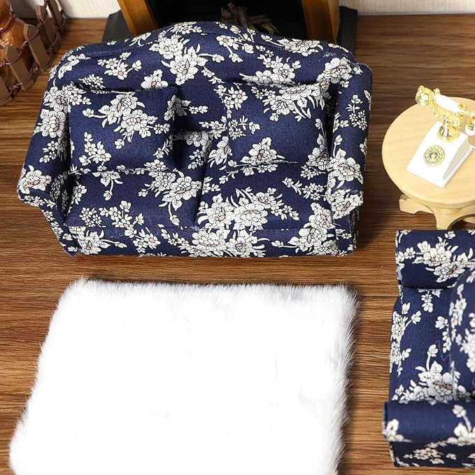 Dollhouse Couch Miniature Sofa with Pillows Dollhouse Living Room Funiture 1:12 Scale Model 3 Pcs High Simulation Upholstered Wooden Fabric Armchair Mini Room Artificial House Scene Decoration (Blue)