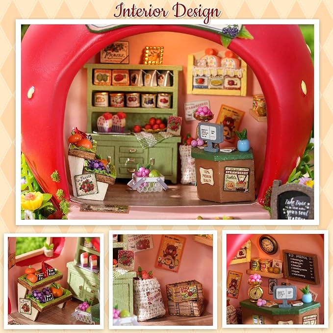 TuKIIE DIY Miniature House Kit with Furniture, 1:100 Scale Creative Room Mini Wooden Dollhouse Book Nook for Kids Teens Adults(Berry Shop)