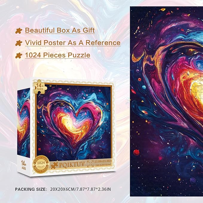 Fluid Art Heart Jigsaw Puzzle 1024 Pieces for Adults - Stress Relief Couple Activity Puzzles with HD Poster, Valentines Puzzles with Letter Markings, Valentine's Day Gift（23.86 x 23.86 in）