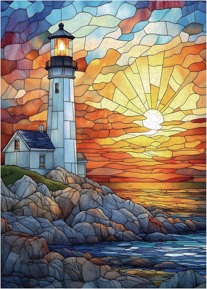 Great Jigsaw Puzzles for Adults 1000 Pieces Stained Glass Lighthouse Wooden Challenging Puzzles Gift for Friends Family Home Decoration Puzzle
