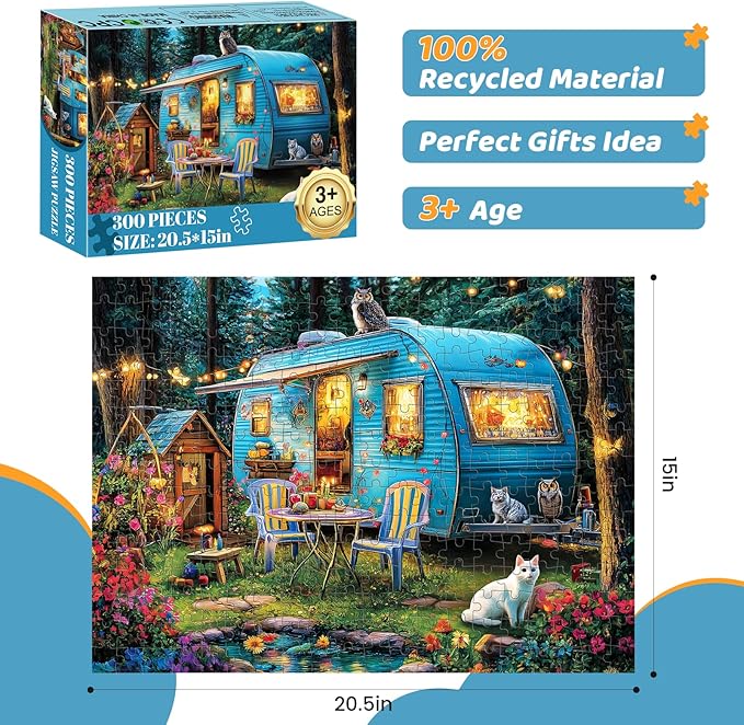 300 Pieces Puzzles for Adults | Camper Cat Jigsaw Puzzles | Large 300 Piece Puzzle for Children Adults Seniors | Sturdy,Safe | Engaging & Educational Toys Great Gift for Boys Girls 20.5 x 15 in