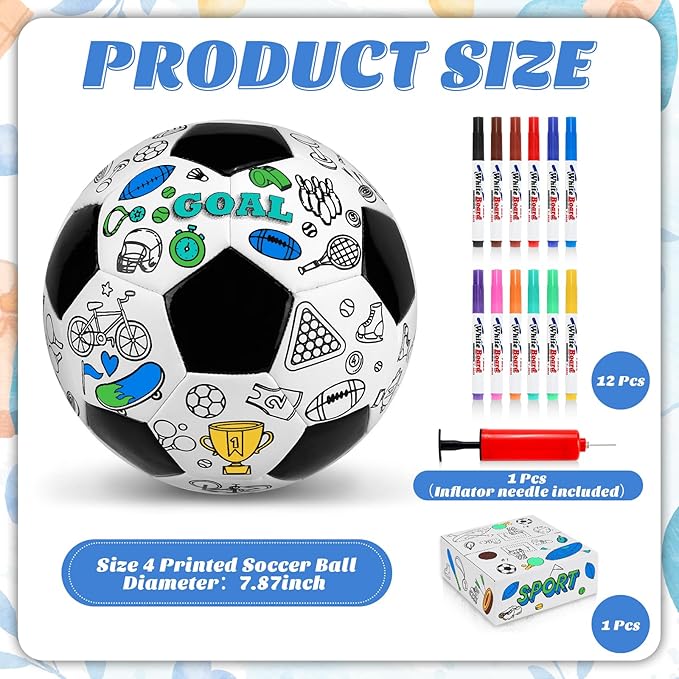 Size 4 Color Your Own Soccer Ball Black DIY Custom Craft Kit with Pump 12 Markers Personalized Youth Toddler Training Paint Your Own Toy Creative Gift for Kids (Black Soccer Ball, 4)