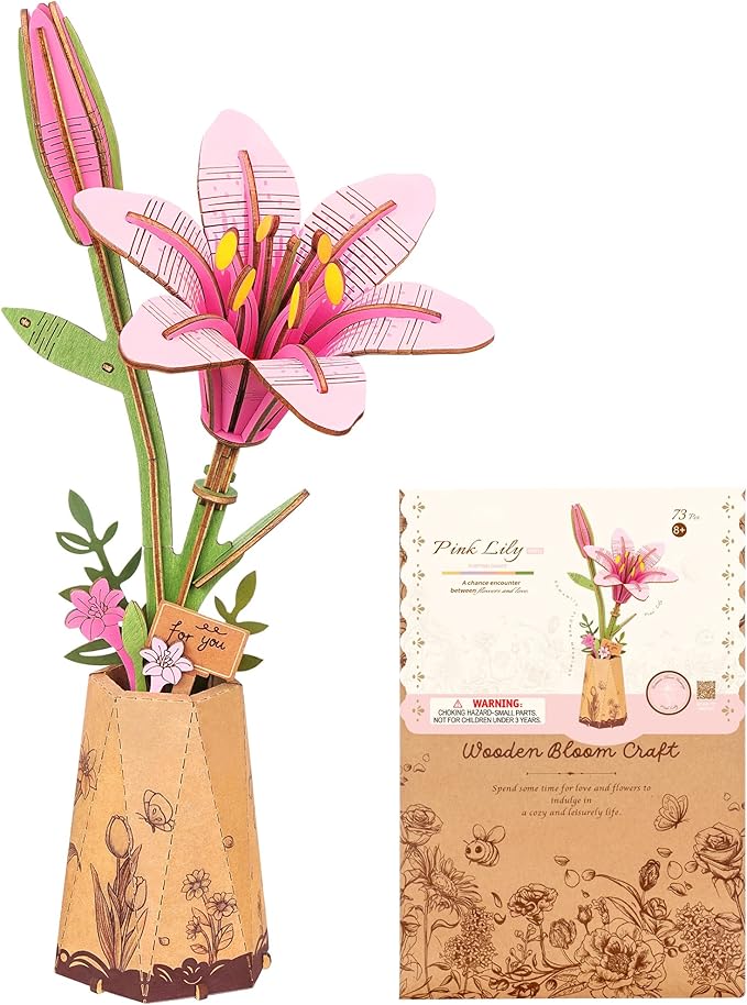 ROBOTIME 3D Wooden Lily Flower Puzzle TW071 - DIY Assembly Model Kit, Artificial Wood Flowers for Home Decoration, Relaxing Crafts for Adults, Valentine's Gift