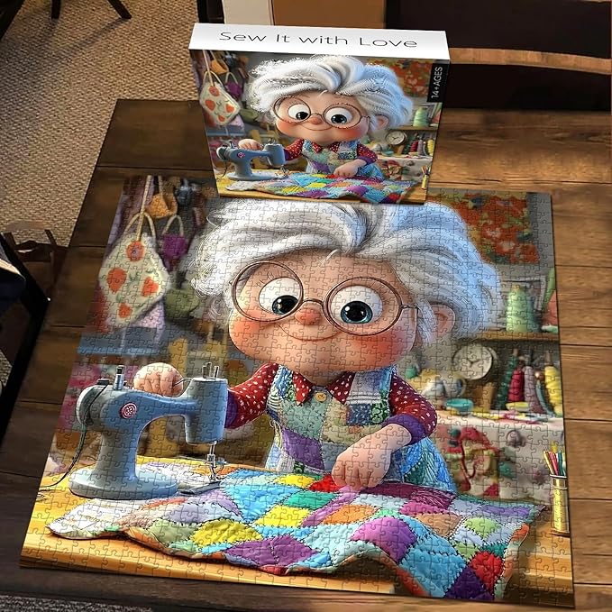 Sewing Machines 1000 Piece Puzzle for Adults, PICKFORU Sew It with Love Jigsaw Puzzle, Challenging Colorful Grandma Quilt Patchwork Theme as Home Decor