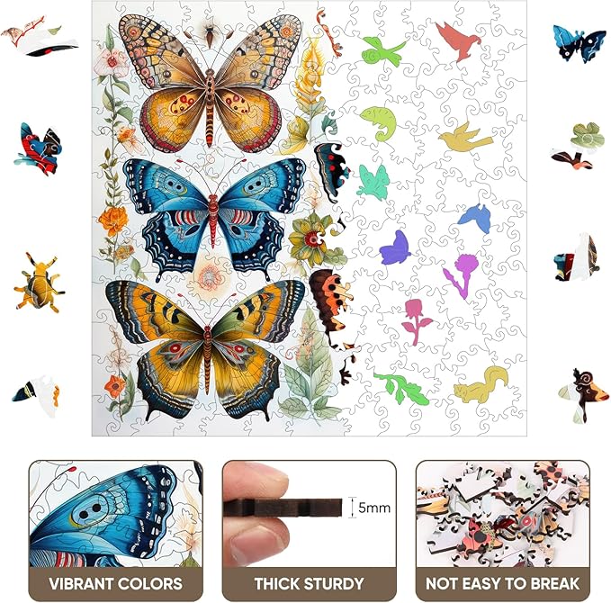 Bodhipnjoy Butterfly Puzzles for Adults, Spring Flower Butterfly Puzzles 5MM, 200Piece Unique Shaped Jigsaw Puzzles, Creative Gift Family Games 11.2 x 11.2 in