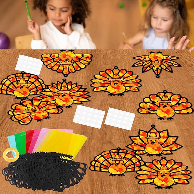 32 Sets Thanksgiving Turkey Suncatchers Craft Kit DIY Window Stained Glass Effect Thanksgiving Turkey Paper Crafts Home School Classroom Decoration Kid Birthday Gift Creative Art Project Activity Game